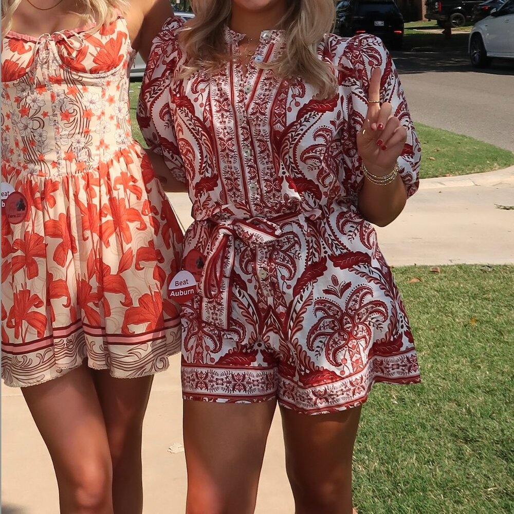 FARM Rio Off-White Tropical Cameo Organic Cotton Romper in Red - Picture 3 of 3